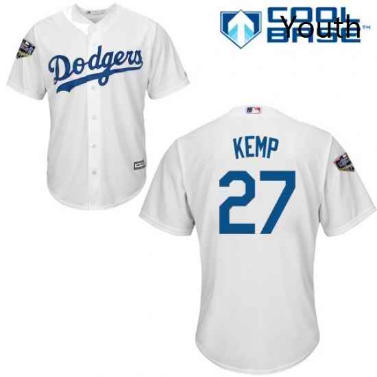 Youth Majestic Los Angeles Dodgers 27 Matt Kemp Authentic White Home Cool Base 2018 World Series MLB Jersey